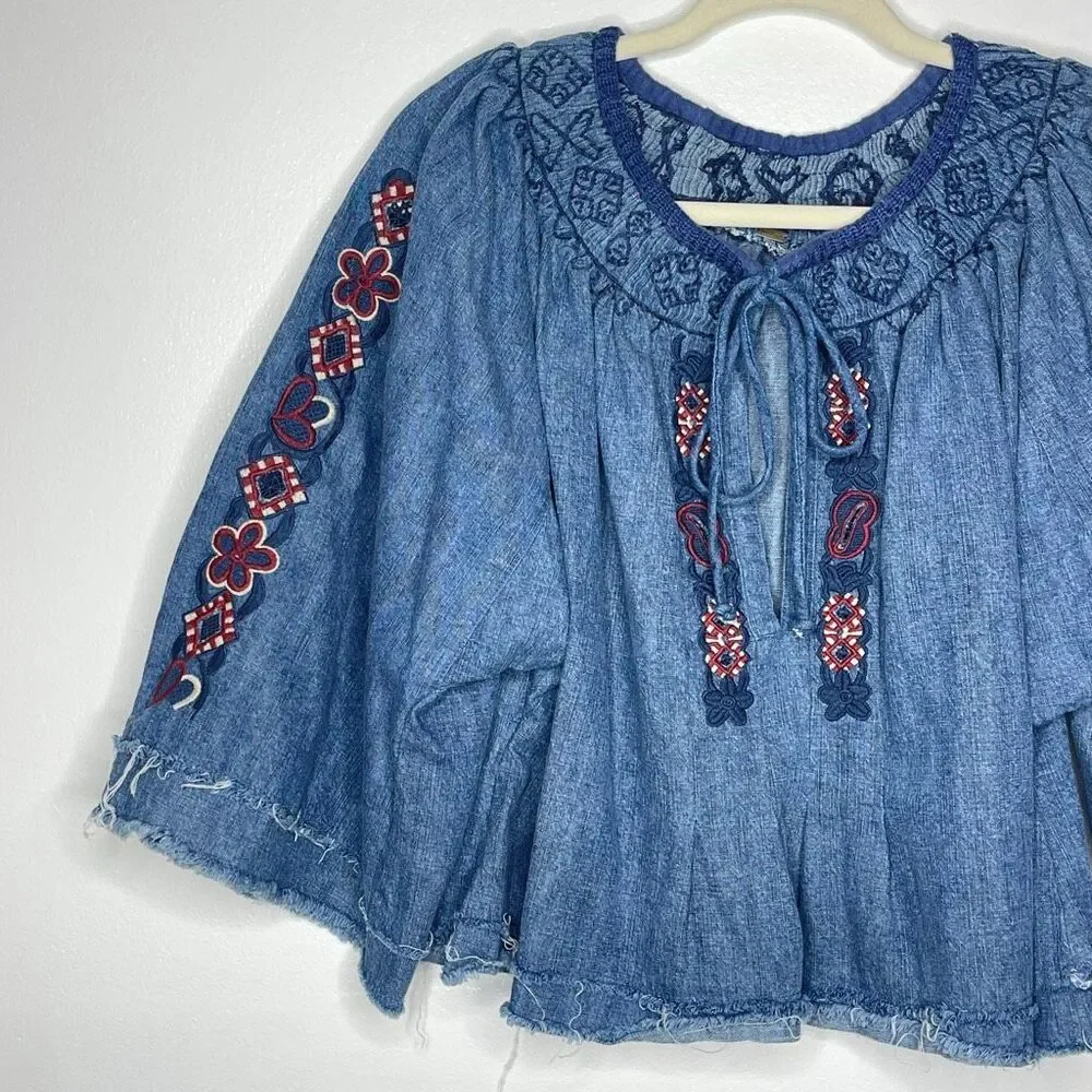 Free People Sun Valley Embroidered Denim Blouse Boho Top Women’s Size Small - Picture 3 of 10